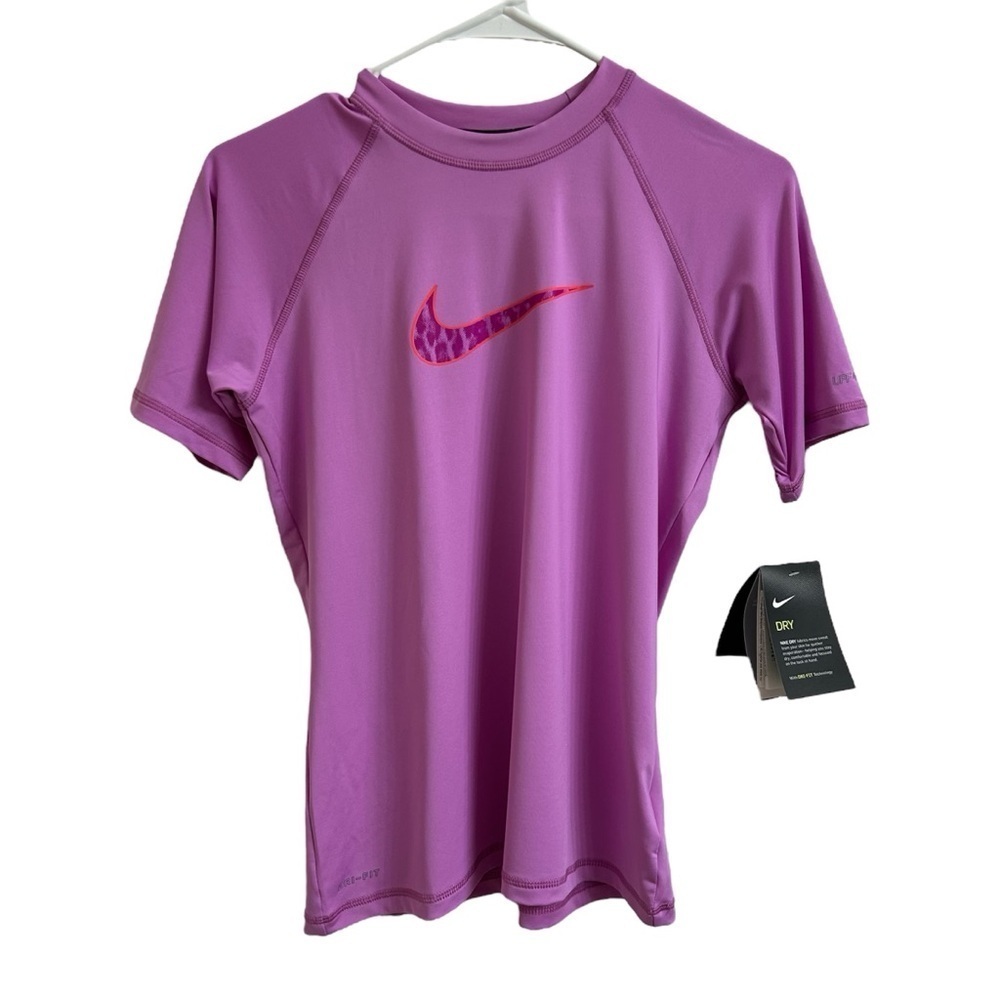 Nike Women's Size M Dri-Fit UPF 40+ Pink Swoosh Swim Short Sleeve Shirt Gorpcore